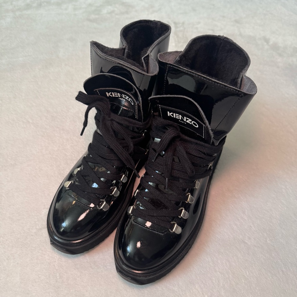 KENZO Alaska Fur-lined Boots in Black Patent Leather - US 6.5-7
